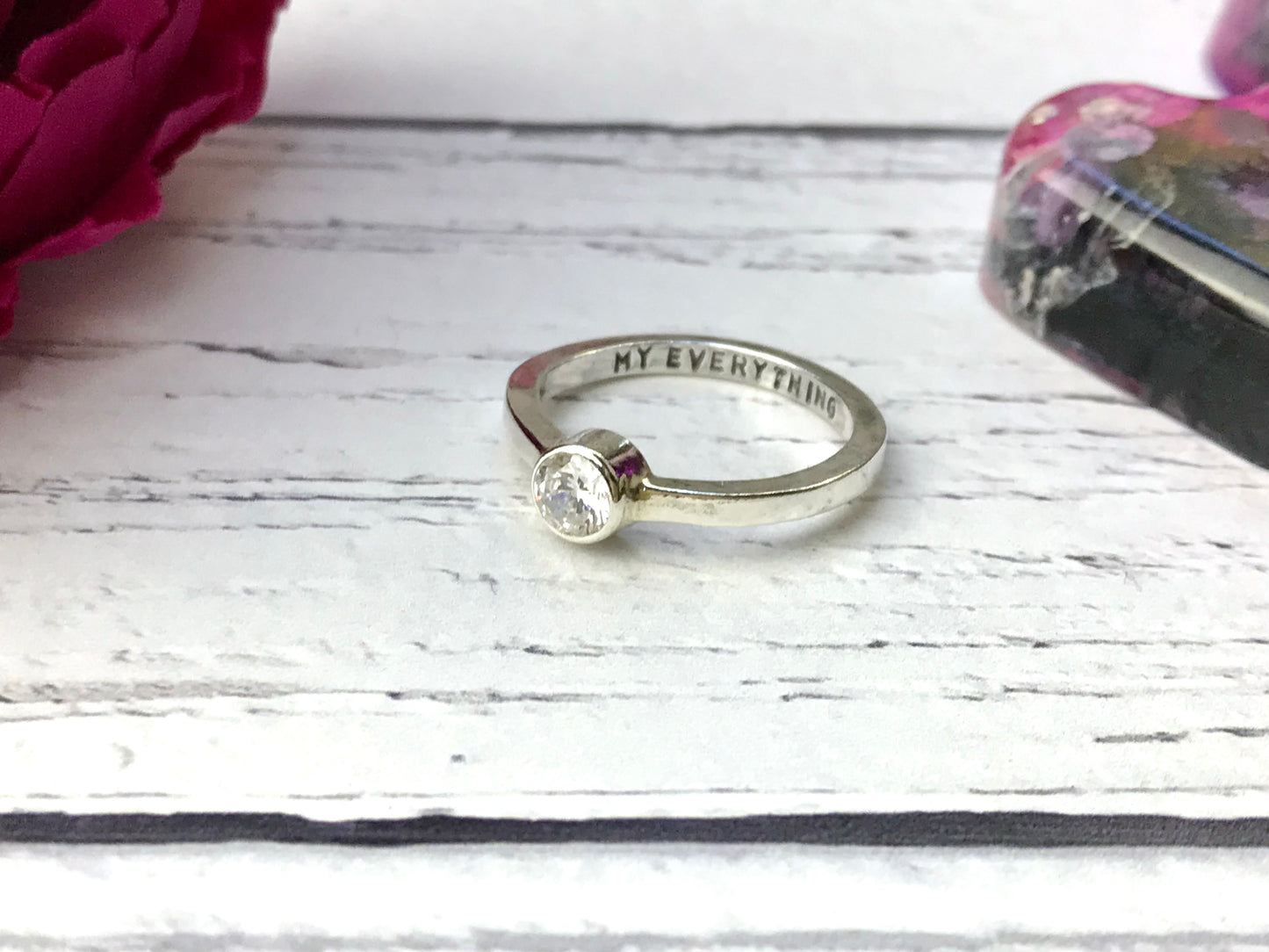 Sterling silver birthstone ring, stacking ring, cubic zirconia, square band