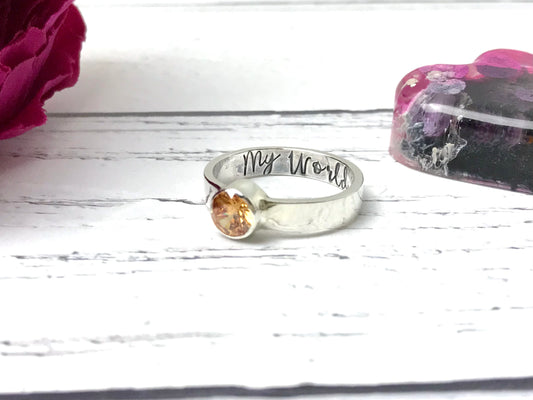 Sterling silver birthstone ring, stacking ring, cubic zirconia, rectangle band