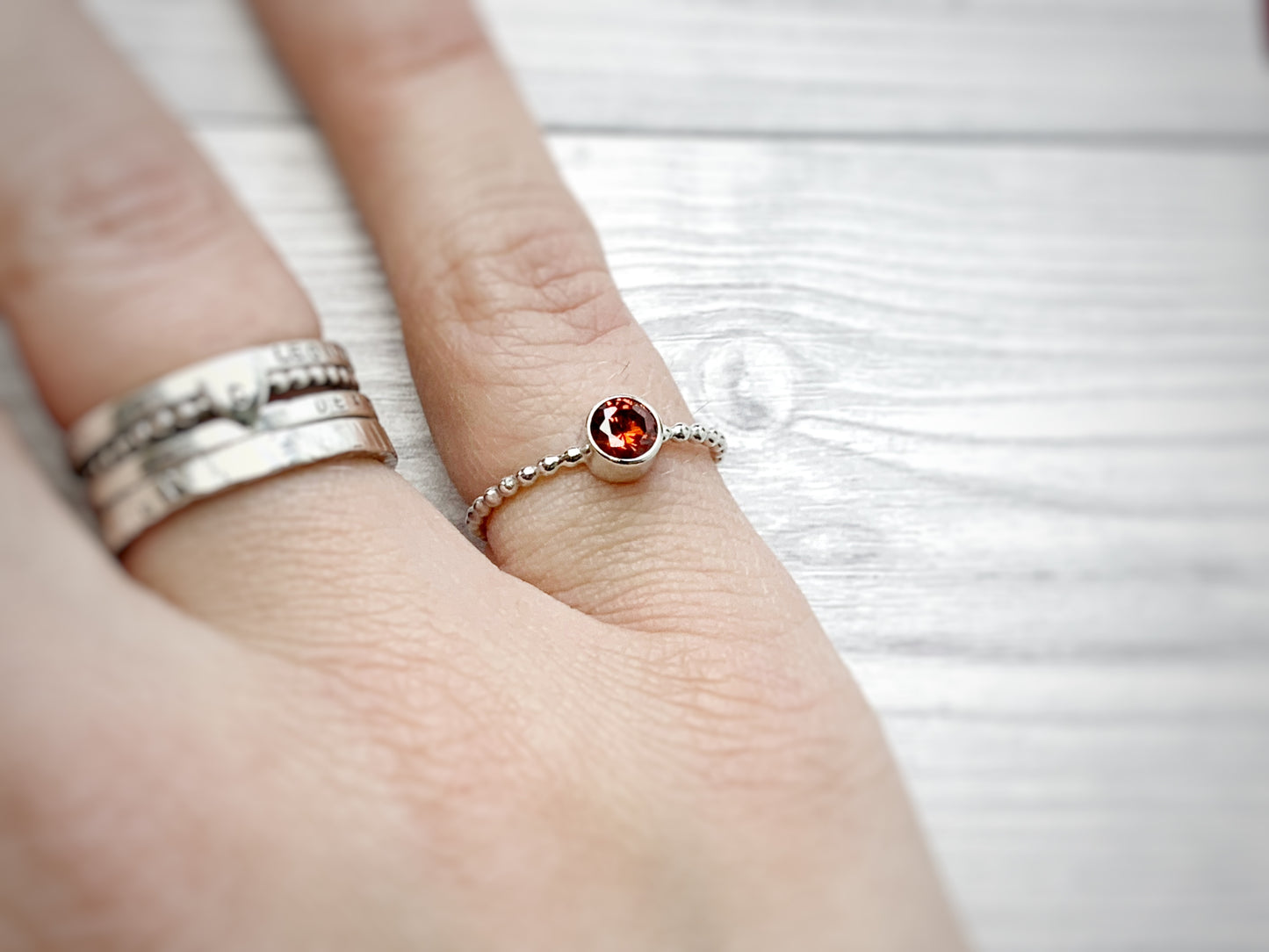 Sterling silver birthstone ring, stacking ring, cubic zirconia, beaded band