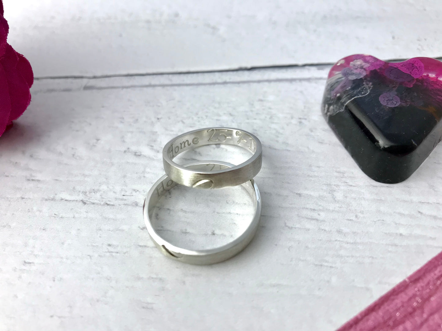 Hand stamped wedding bands, brushed satin, matte, personalised, hearts, sterling silver, wedding rings, rings