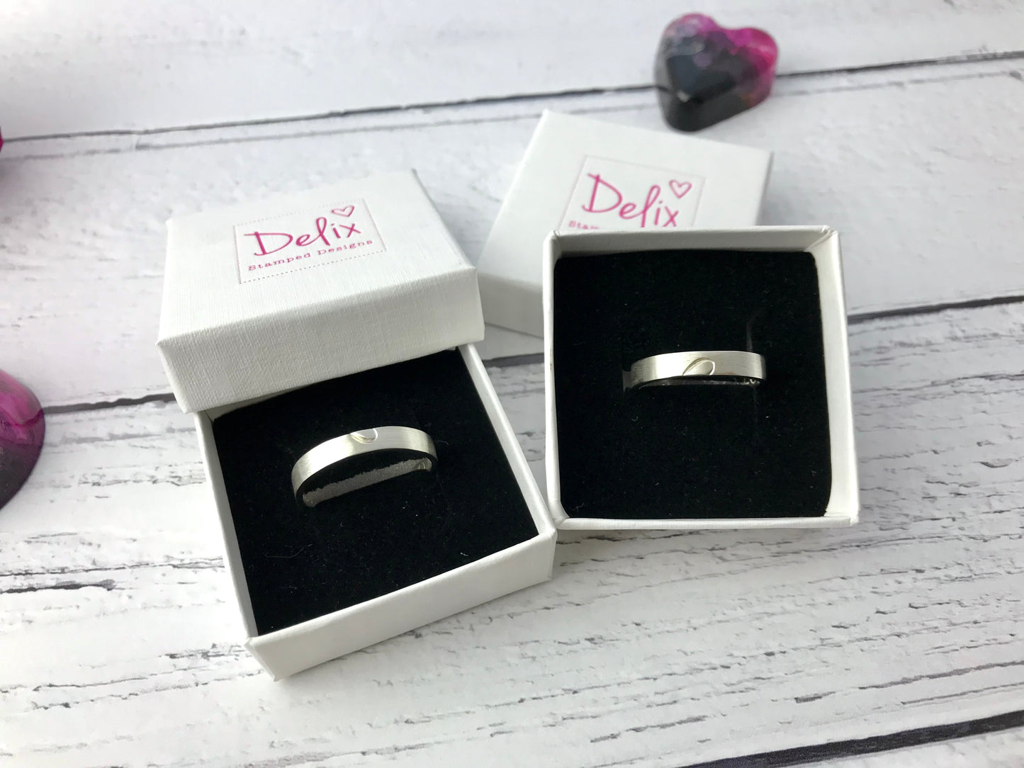 Hand stamped wedding bands, brushed satin, matte, personalised, hearts, sterling silver, wedding rings, rings