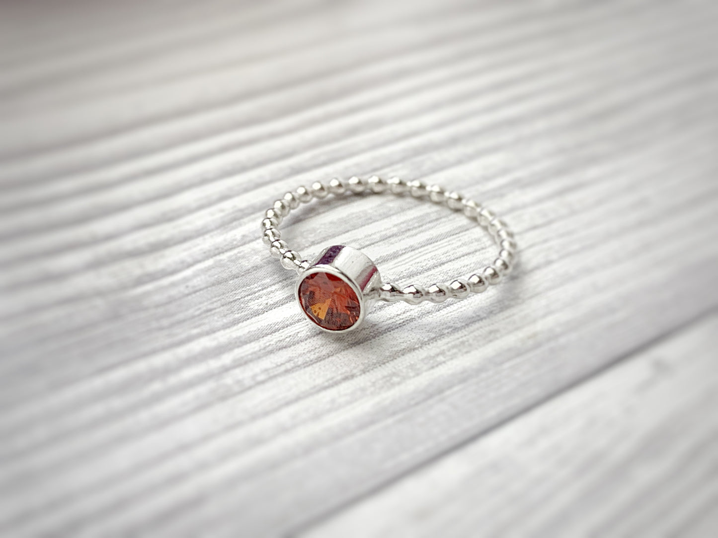 Sterling silver birthstone ring, stacking ring, cubic zirconia, beaded band