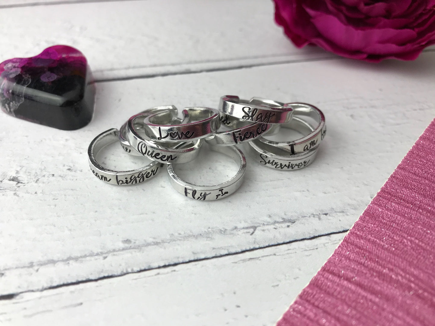 Hand stamped stacker cuff ring, aluminium ring, skinny ring, motivation, inspiration collection