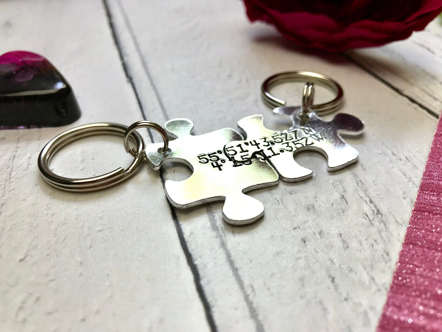 Coordinate gift, hand stamped coordinate jigsaw pieces keyring, coordinates, co-ordinates, places, couples keyring