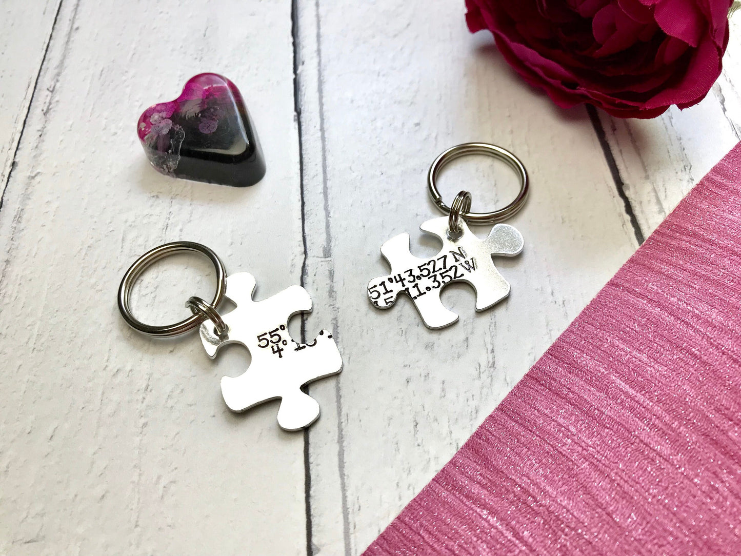 Coordinate gift, hand stamped coordinate jigsaw pieces keyring, coordinates, co-ordinates, places, couples keyring