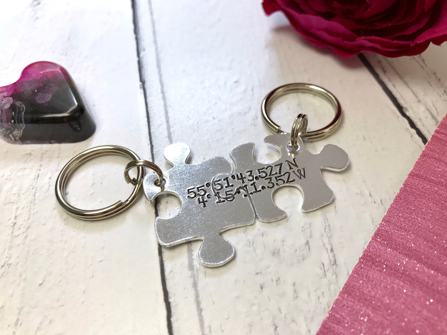 Coordinate gift, hand stamped coordinate jigsaw pieces keyring, coordinates, co-ordinates, places, couples keyring