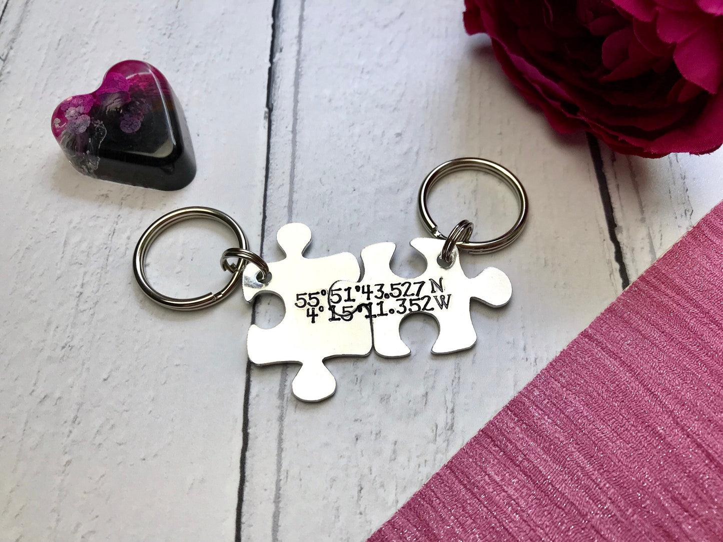 Coordinate gift, hand stamped coordinate jigsaw pieces keyring, coordinates, co-ordinates, places, couples keyring