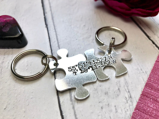 Coordinate gift, hand stamped coordinate jigsaw pieces keyring, coordinates, co-ordinates, places, couples keyring