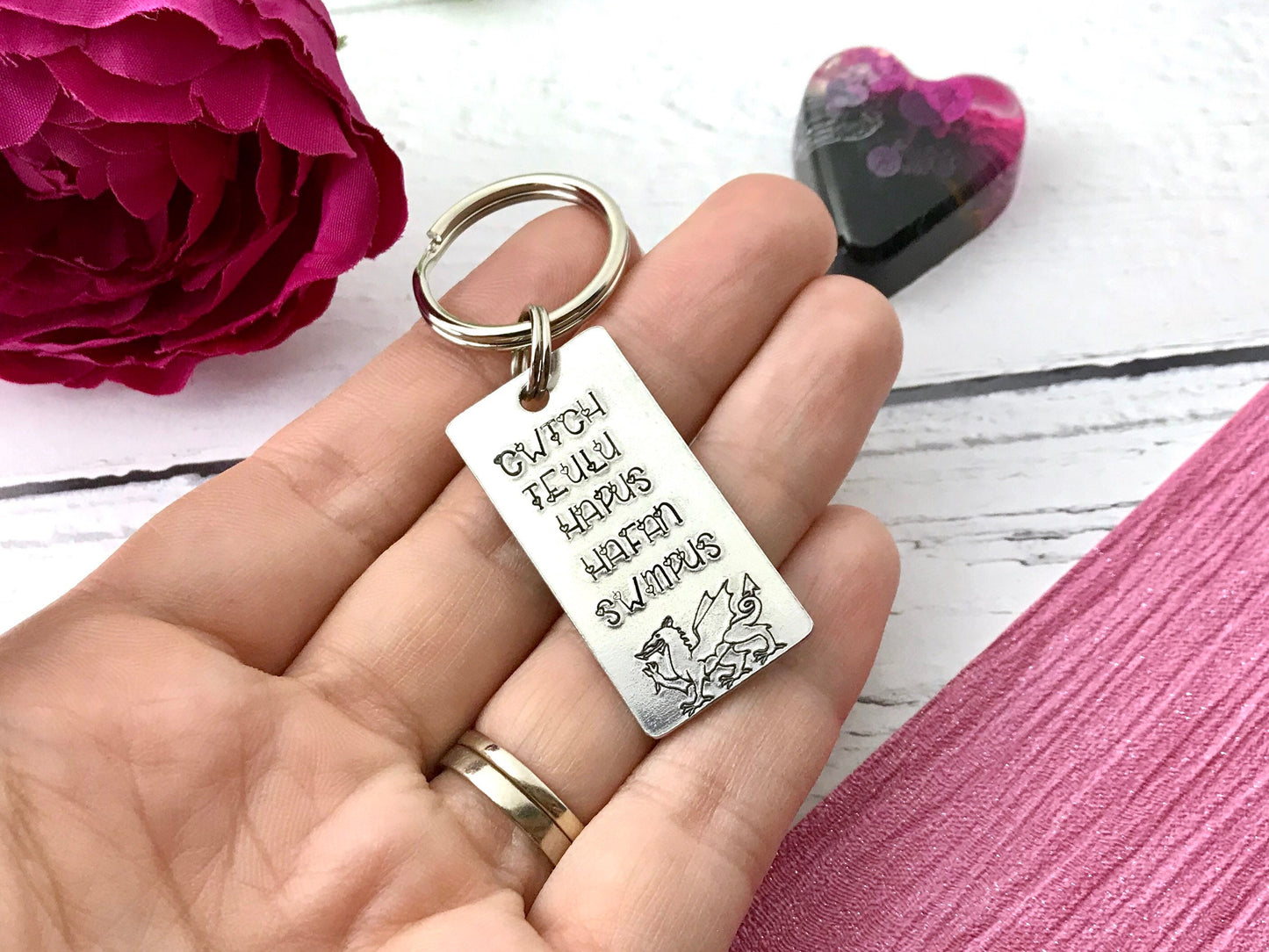 Welsh love keyring, wales, cwtch gift, from the valleys, hand stamped gift, hand stamped keyring