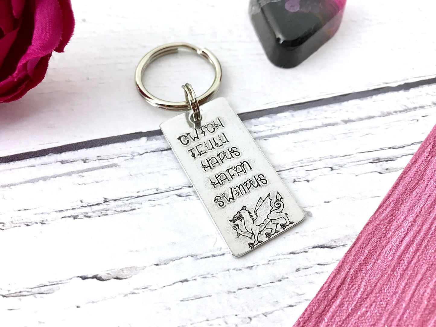 Welsh love keyring, wales, cwtch gift, from the valleys, hand stamped gift, hand stamped keyring