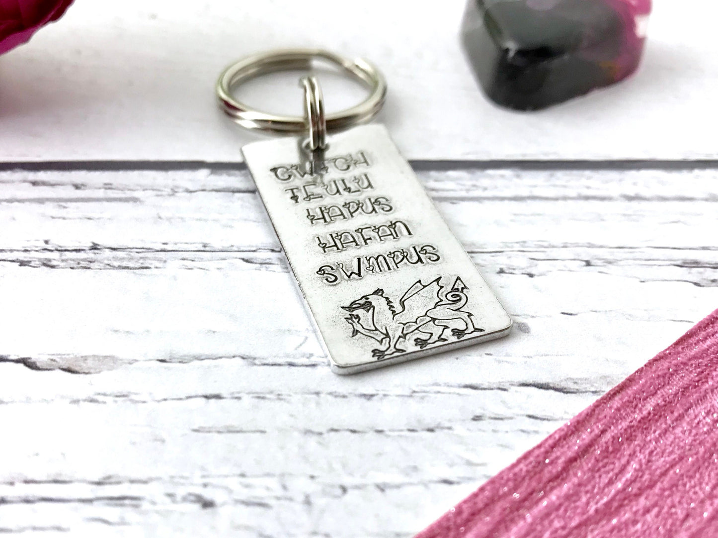 Welsh love keyring, wales, cwtch gift, from the valleys, hand stamped gift, hand stamped keyring