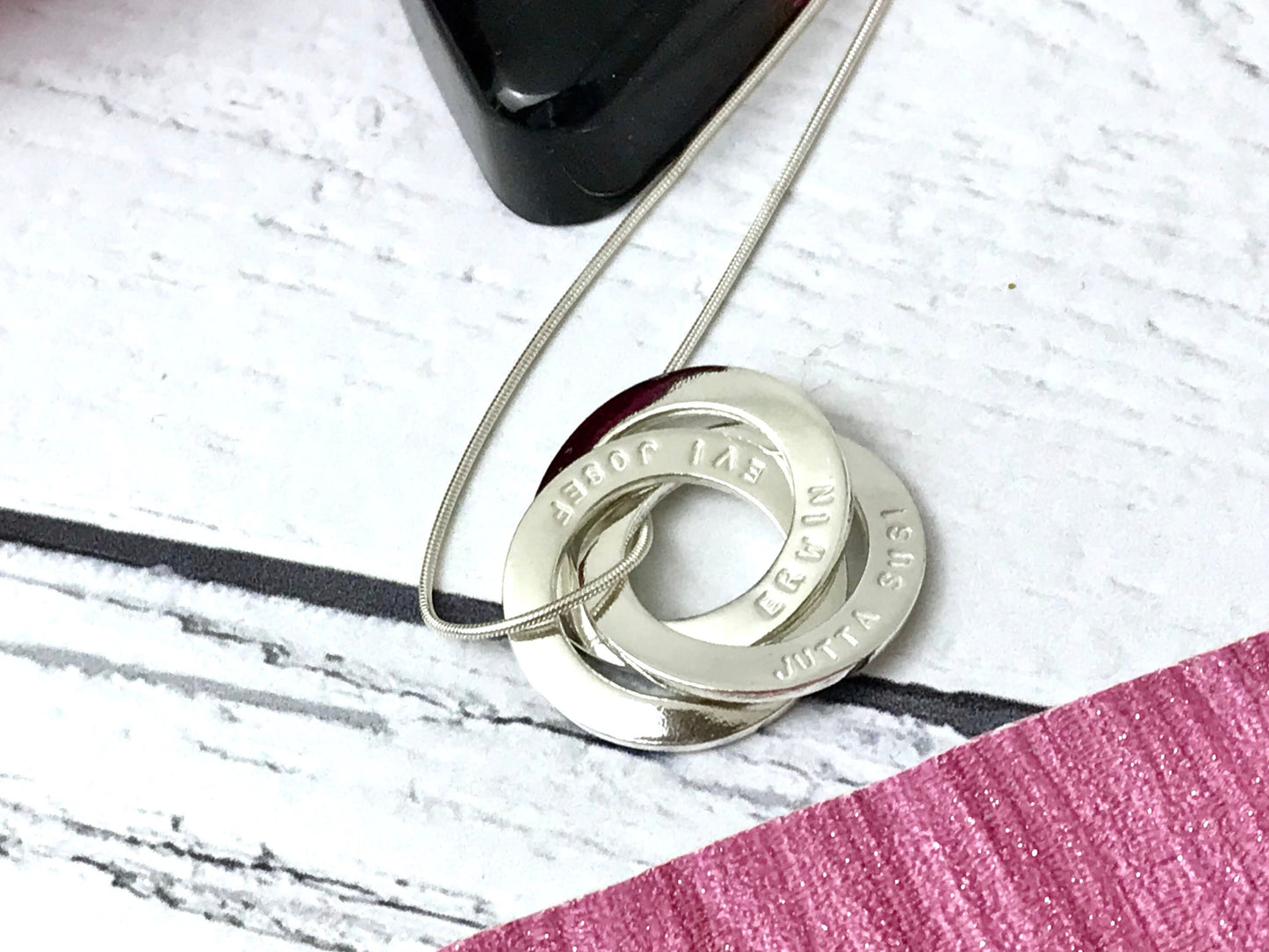 Interlinking washer necklace, hand stamped, Russian ring, triple necklace, sterling silver, Mother's Day