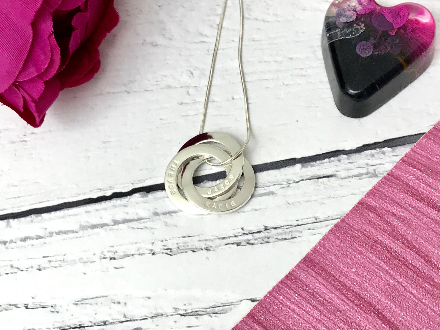 Interlinking washer necklace, hand stamped, Russian ring, triple necklace, sterling silver, Mother's Day