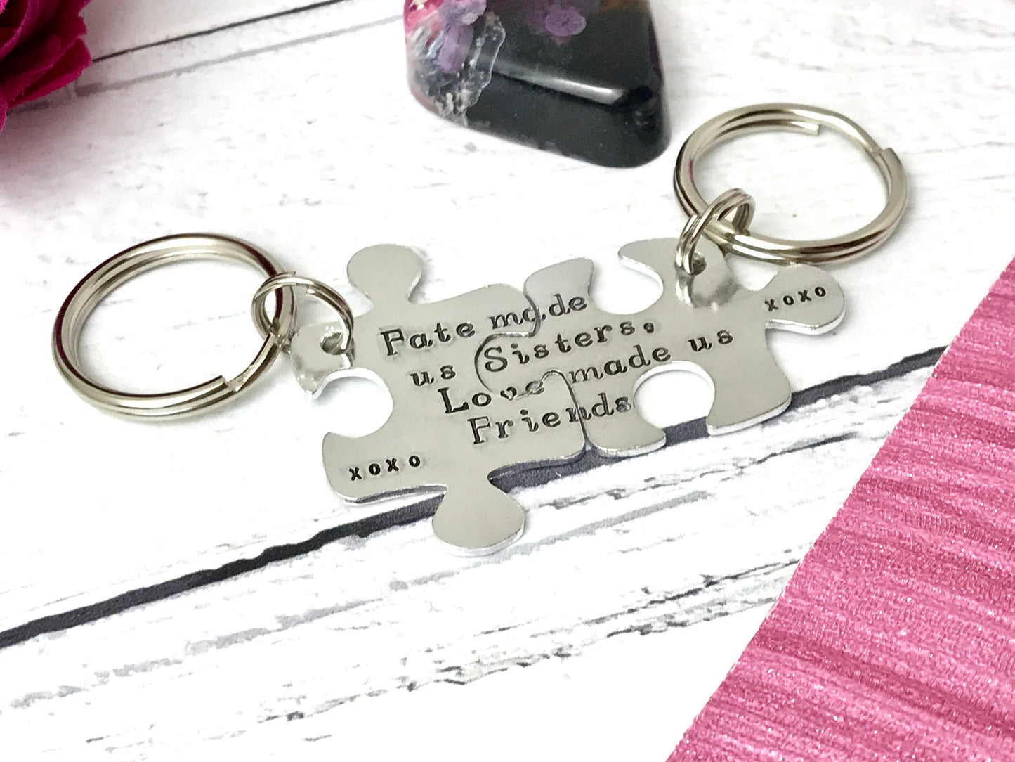 Hand stamped jigsaw pieces keyring, custom keyring, personalised keyring