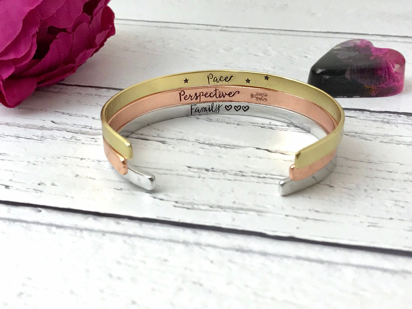 Skinny stacking cuff set, hand stamped skinny cuff, bangle, bracelet, stacking cuffs, aluminium, copper, brass