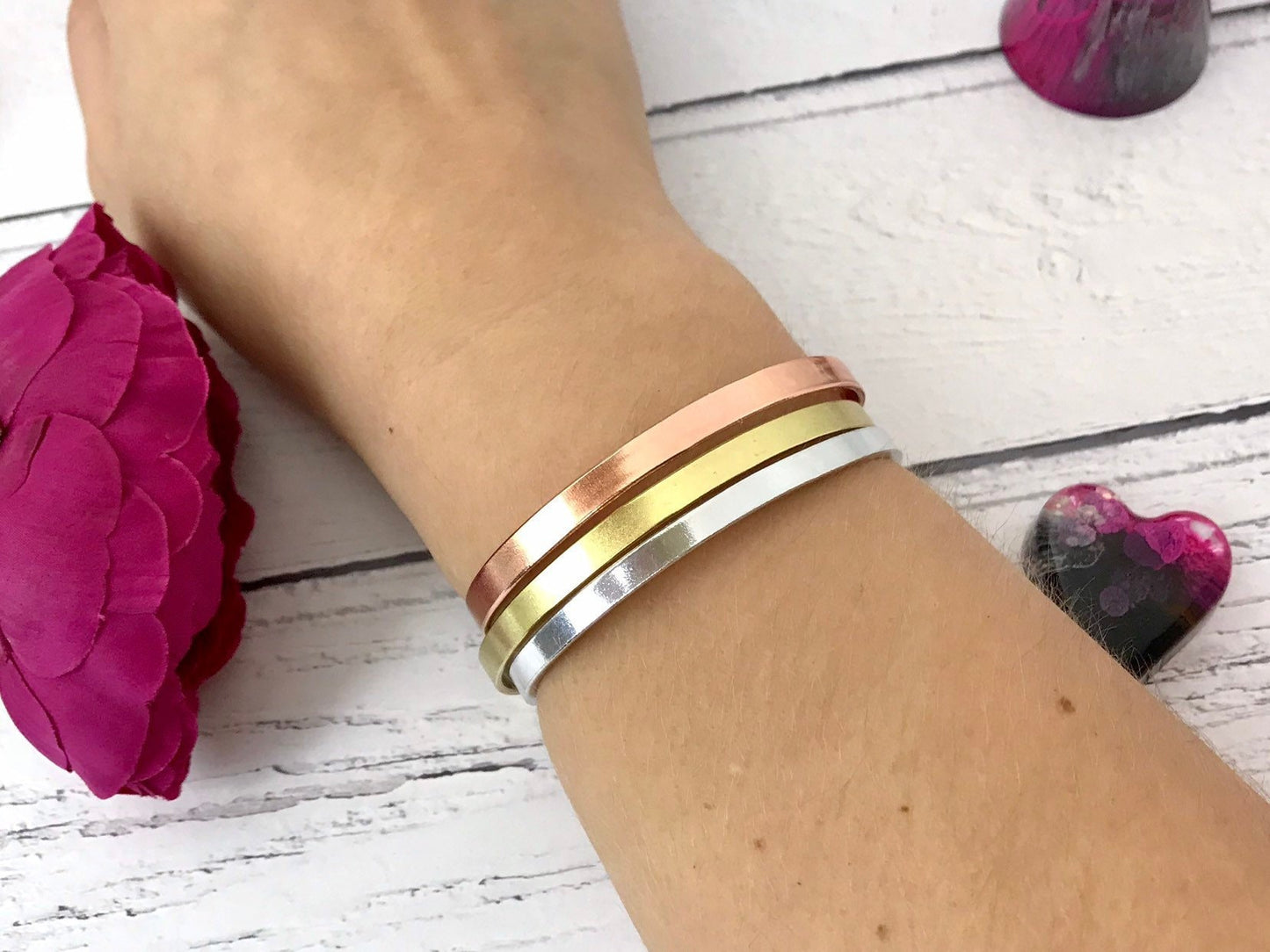 Skinny stacking cuff set, hand stamped skinny cuff, bangle, bracelet, stacking cuffs, aluminium, copper, brass