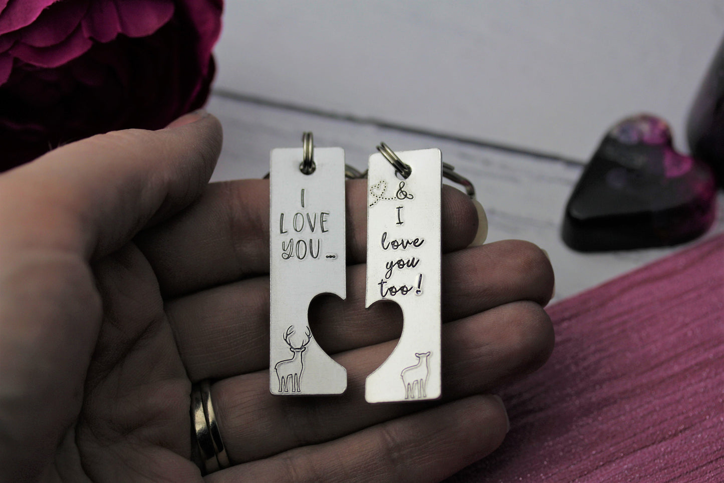 Valentines keyring, i love you too, husband, stag and deer themed, anniversary gift