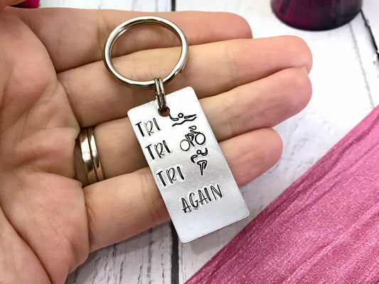 Triathlon keyring, perseverence gift, swim bike run, sporty person, hand stamped keyring