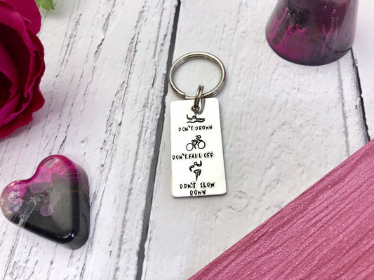 Triathlon keyring, words of support, swim bike run, sporty person, hand stamped keyring