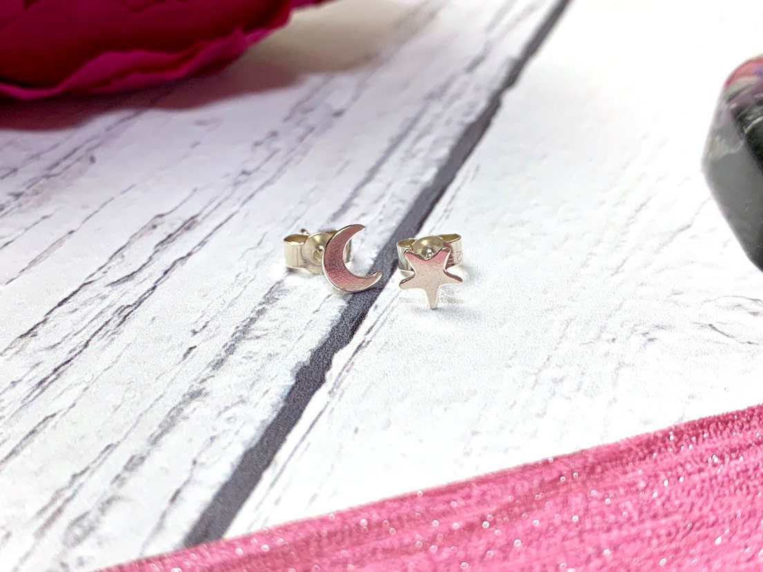 Sterling silver moon and star earrings, dainty earrings, stud, tiny, delicate