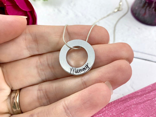 Mummy necklace, hand stamped personalised chunky name necklace, loved one, name necklace, thick washer necklace