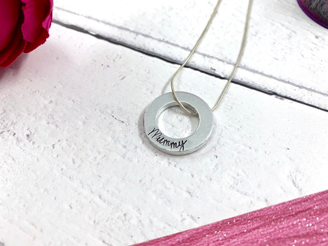 Mummy necklace, hand stamped personalised chunky name necklace, loved one, name necklace, thick washer necklace