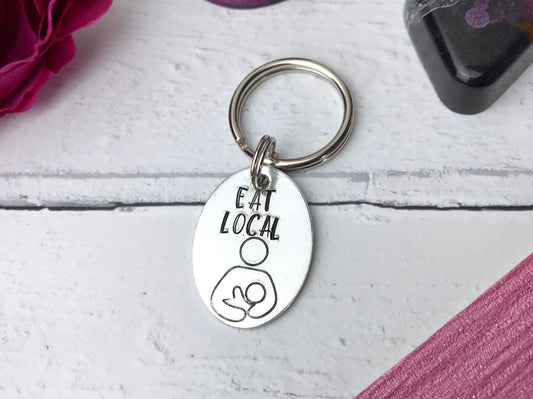 Eat local keyring, cluster feeding, breastfeeding, milk maker, boobies keying,  boobie gift, golden boobies