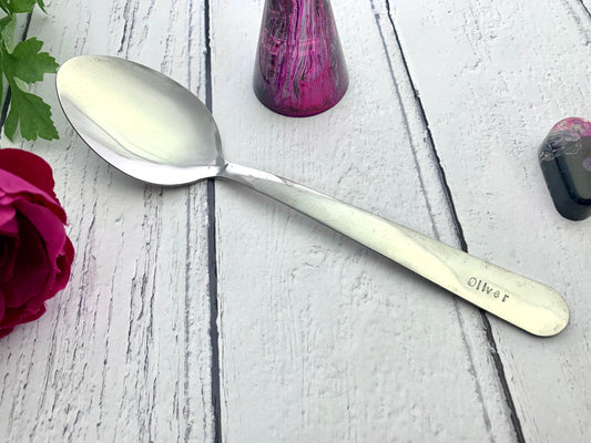 Hand stamped dessert spoon, message, name, personalised spoon, pudding spoon