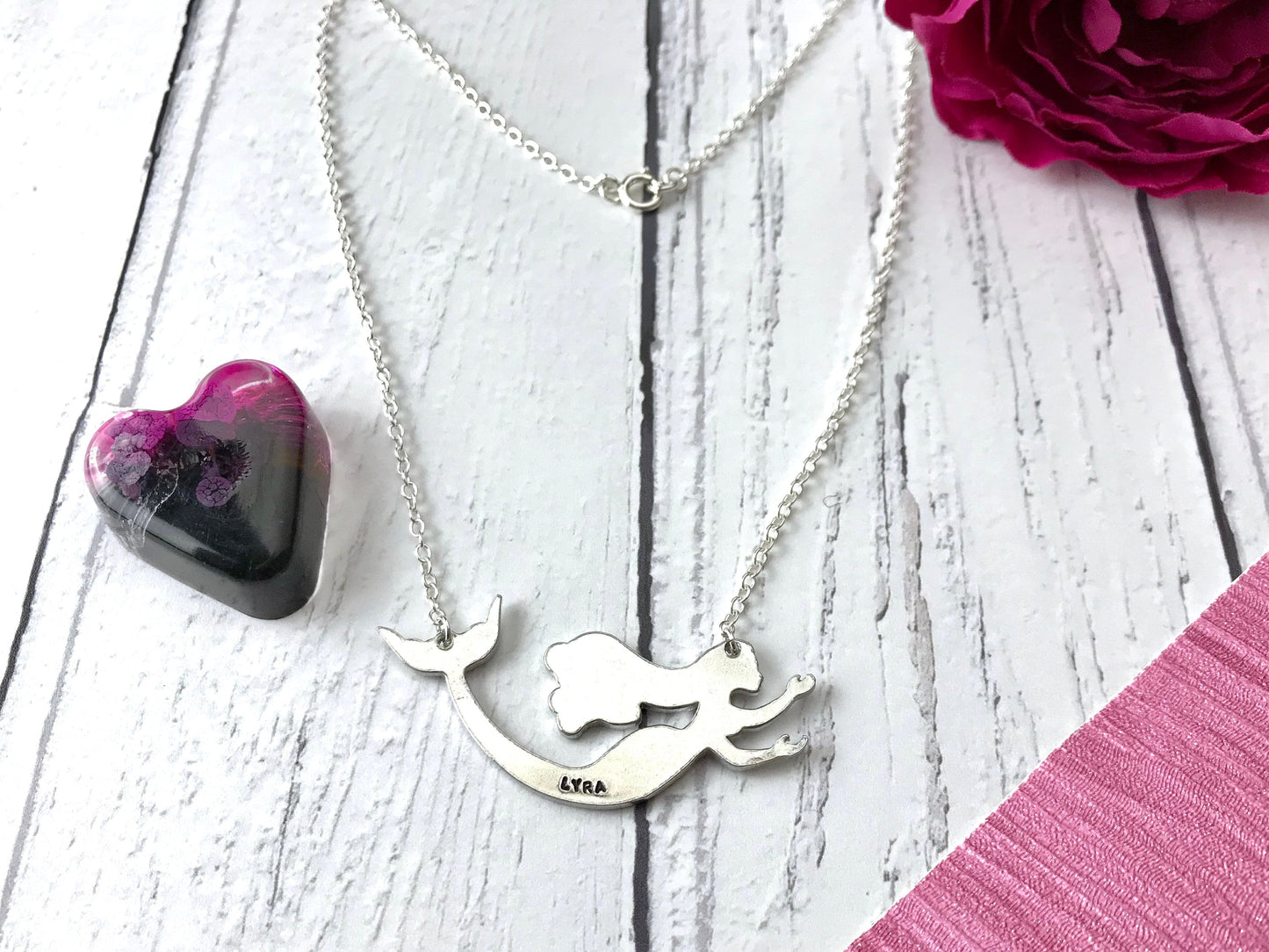 Swimming mermaid necklace, sterling silver name necklace, hand stamped jewellery