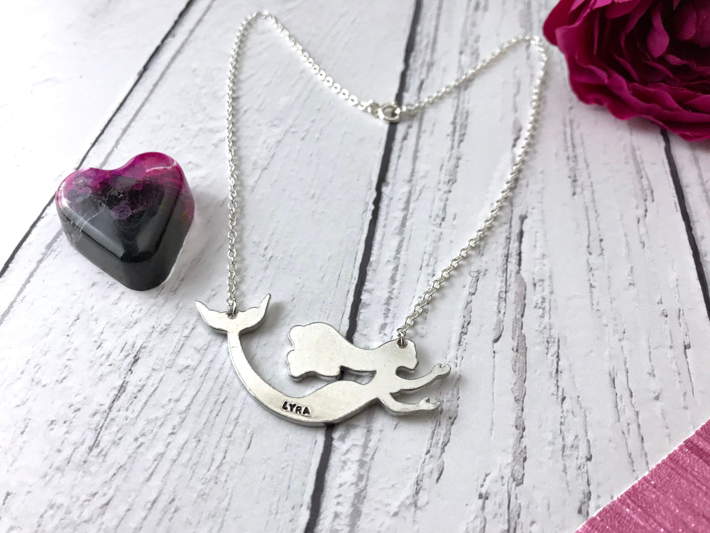 Swimming mermaid necklace, sterling silver name necklace, hand stamped jewellery