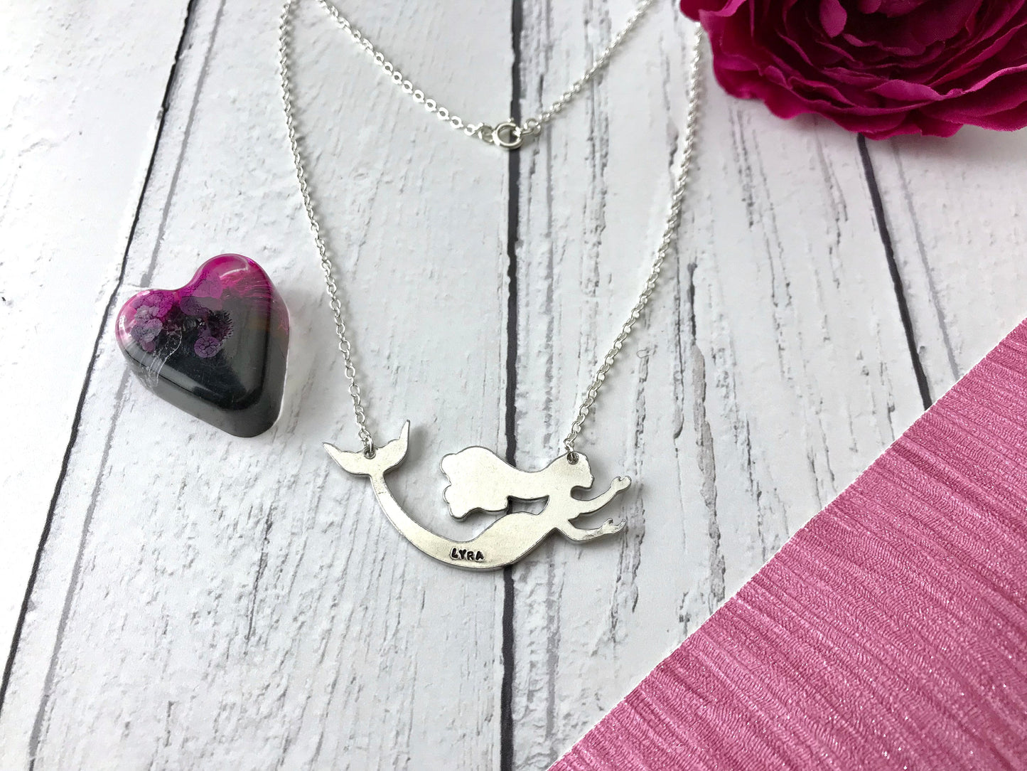 Swimming mermaid necklace, sterling silver name necklace, hand stamped jewellery