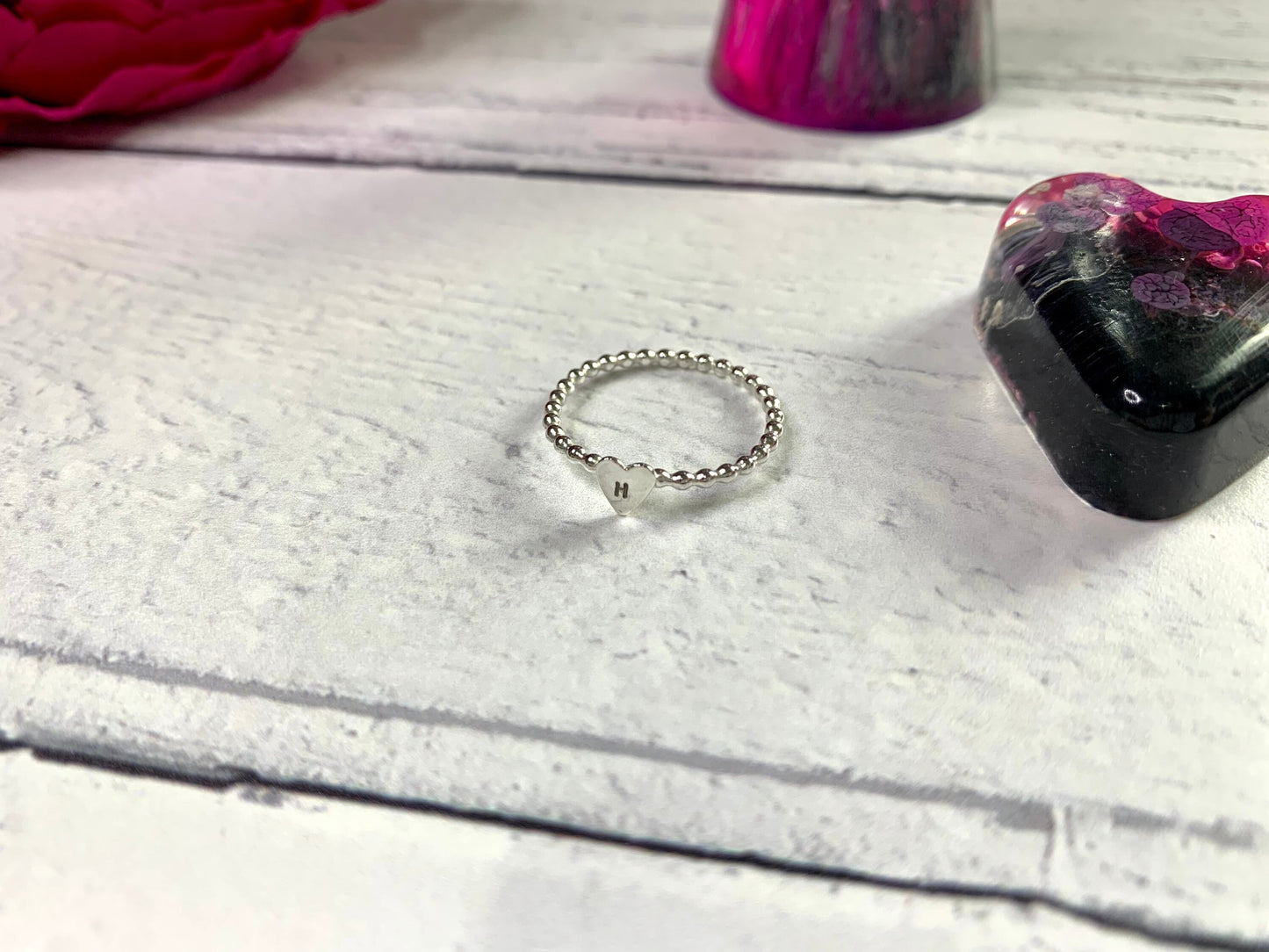 Personalised ring, hand stamped ring, sterling silver stacking rings, 1.5mm beaded ring, name ring, initial ring, heart, love, Mother's Day