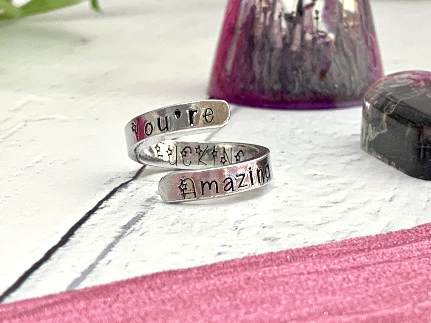 Hand stamped wrap around ring, motivational, mature content, swear ring, aluminium ring, skinny ring, inspiration collection