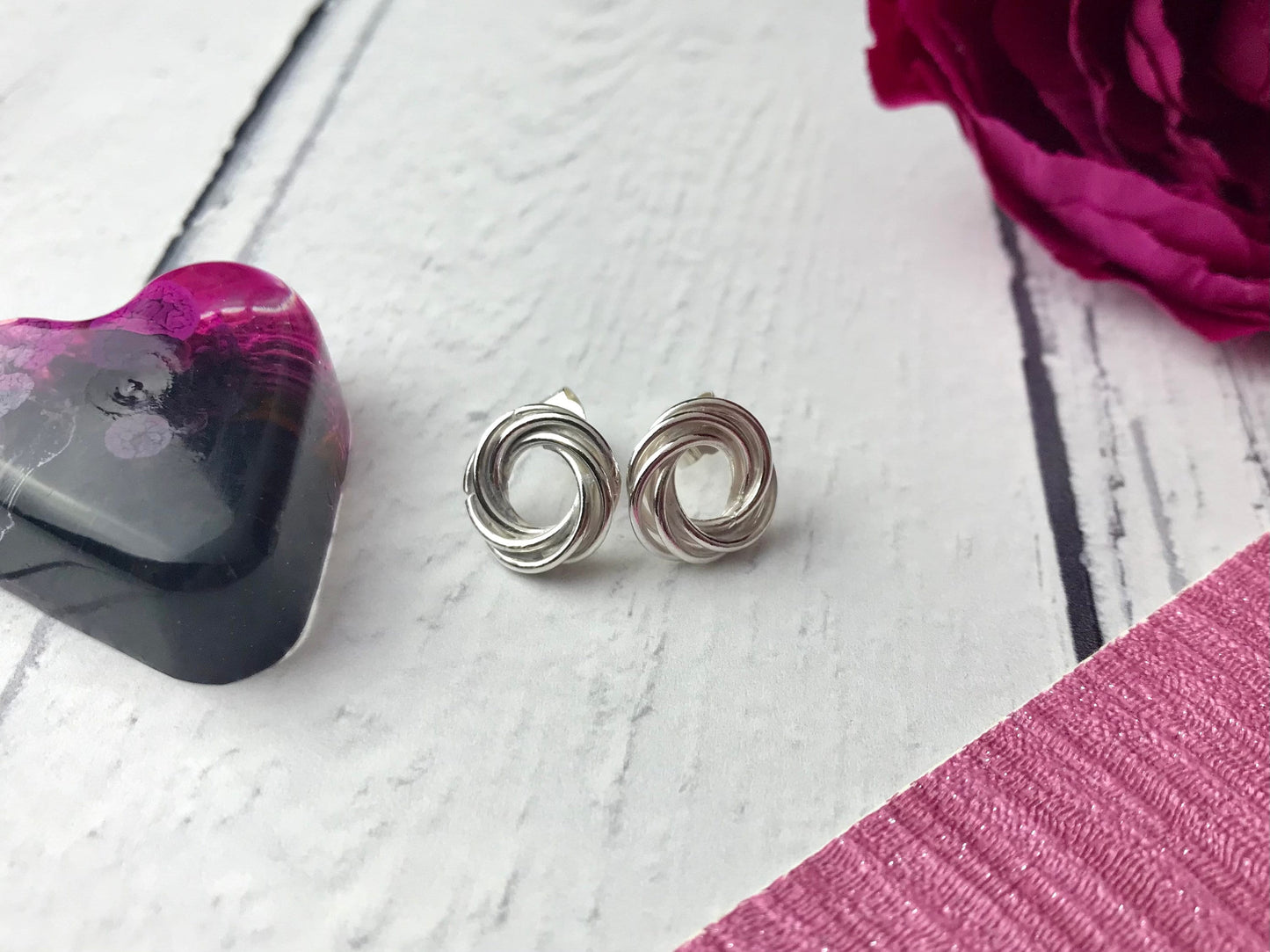 Sterling silver entwined earrings, dainty earrings, stud, tiny, delicate, Russian ring