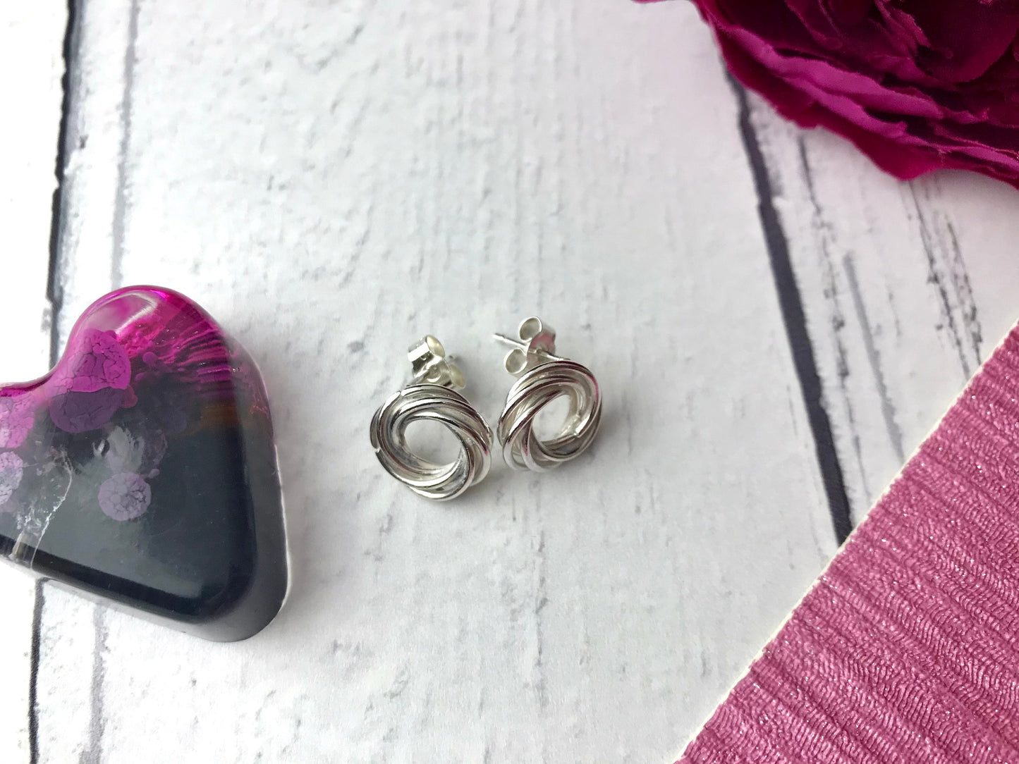 Sterling silver entwined earrings, dainty earrings, stud, tiny, delicate, Russian ring