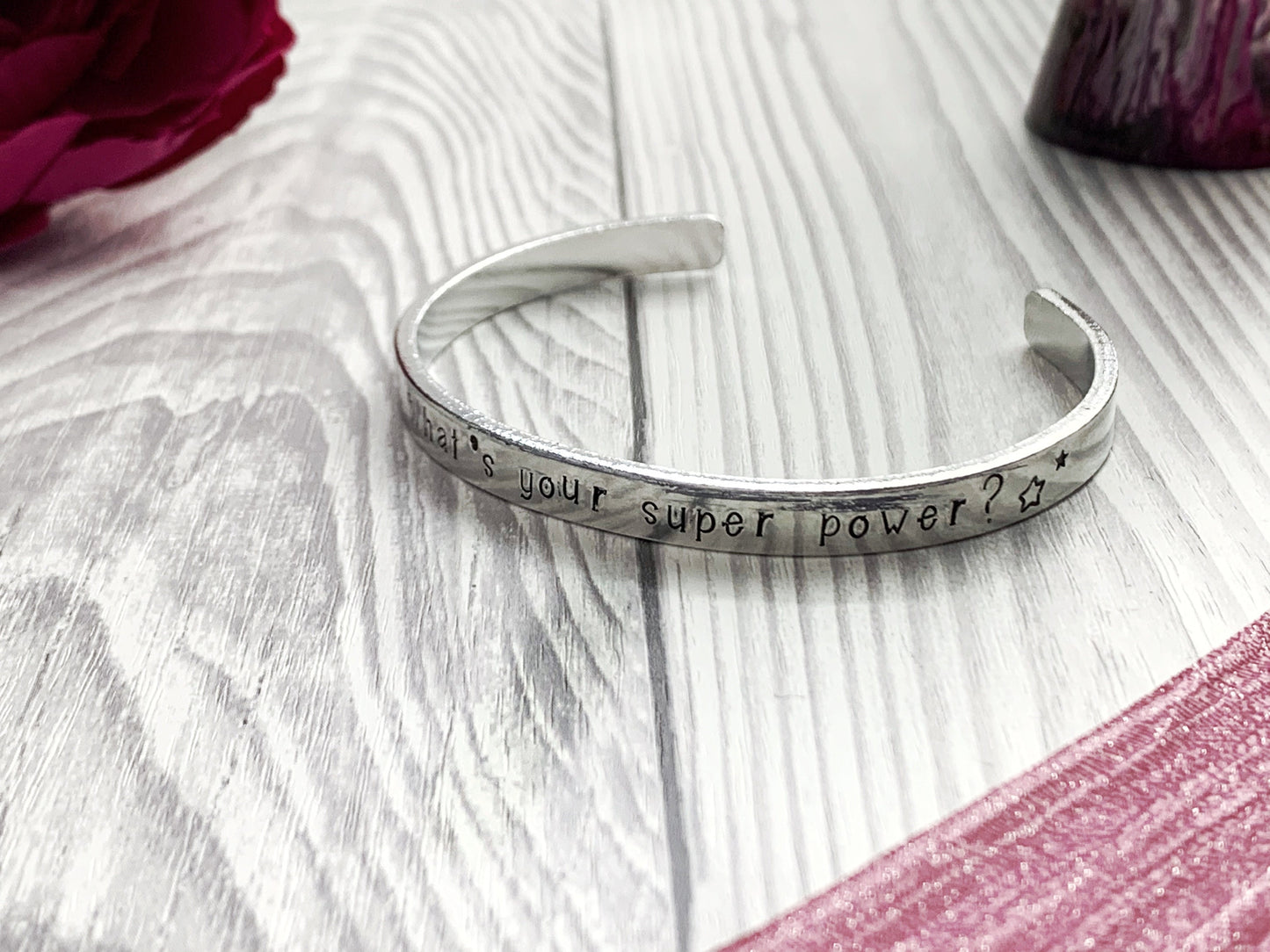 Teacher gift cuff, bangle, I teach what's your super power, personalised, hand stamped