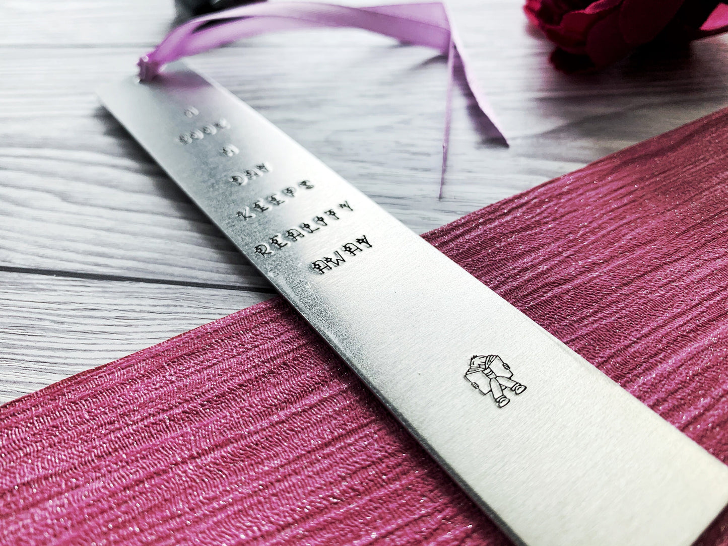 Hand stamped bookmark, a book a day keeps reality away, personalised book mark, book lovers gift, graduation gift