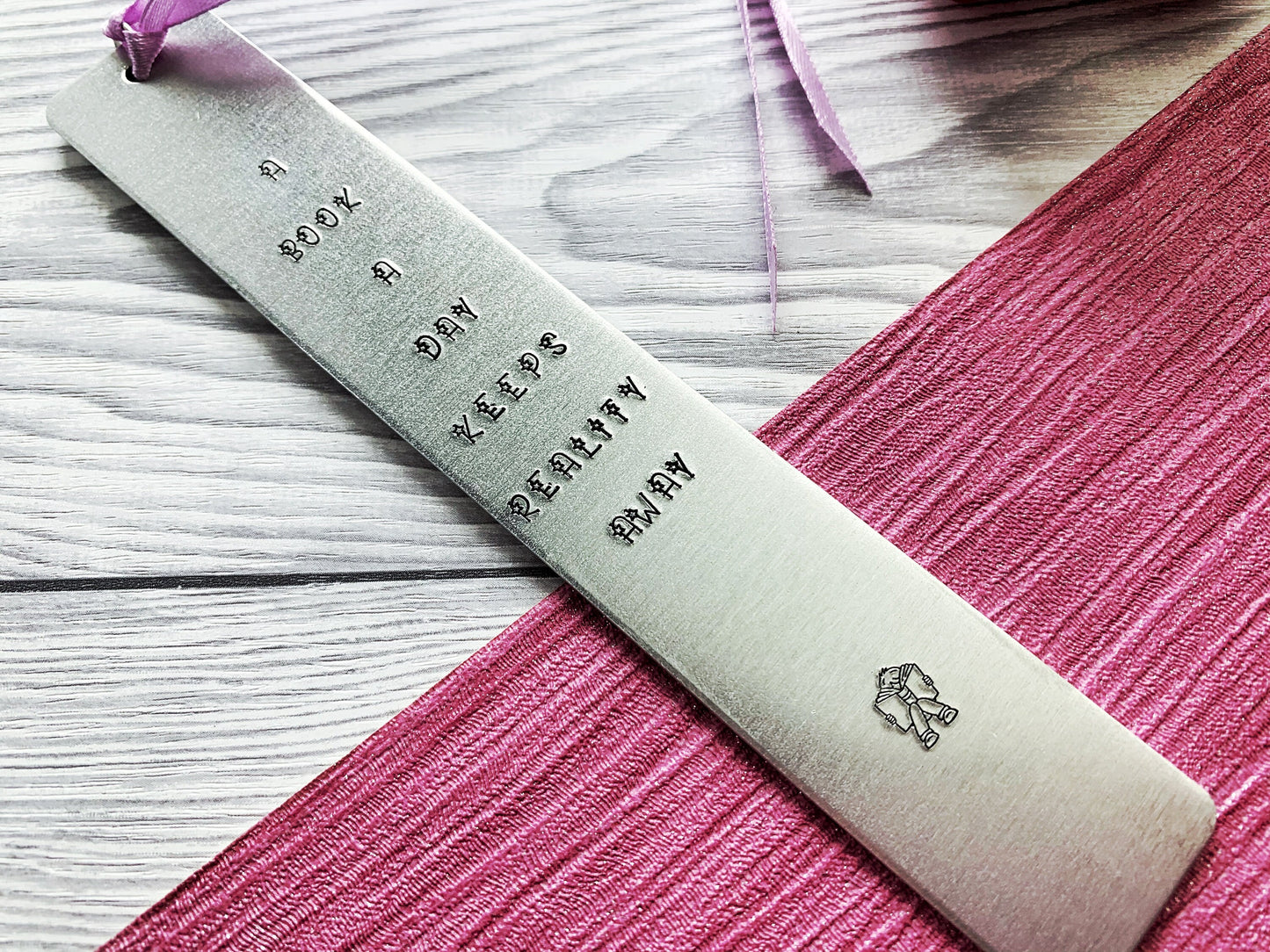 Hand stamped bookmark, a book a day keeps reality away, personalised book mark, book lovers gift, graduation gift