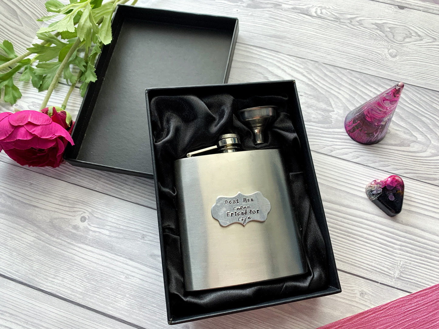 Personalised 6oz Hand Stamped Hip Flask, Dad Whisky Flask, Flask with Funnel, Presentation Box Flask, Father's Day Hip Flask, Custom Flask