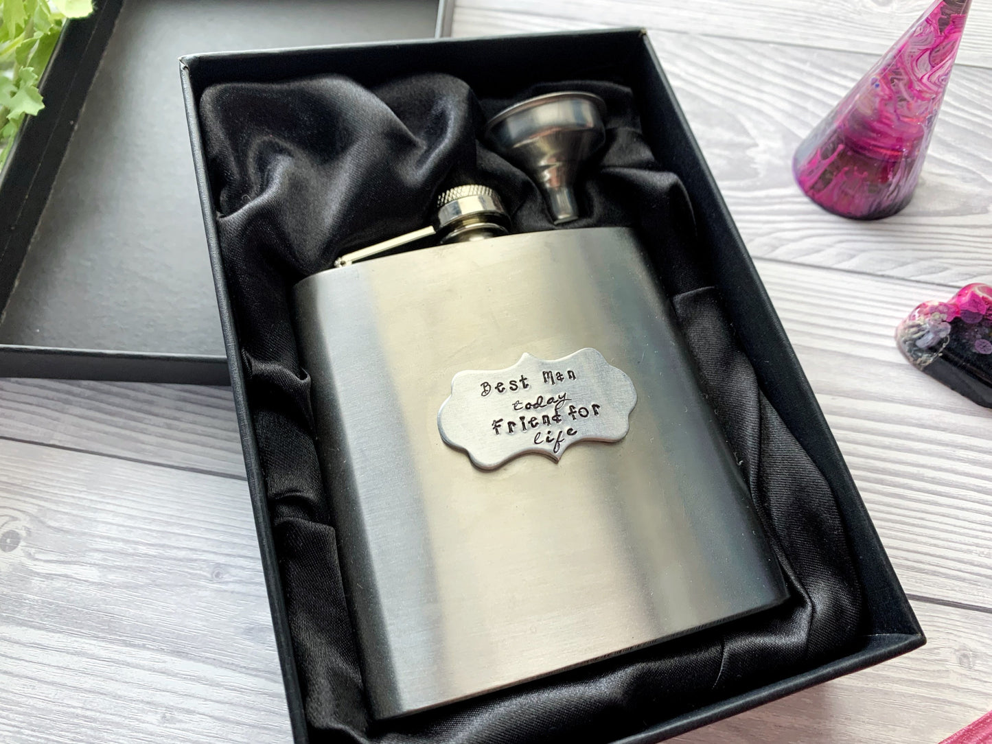 Personalised 6oz Hand Stamped Hip Flask, Dad Whisky Flask, Flask with Funnel, Presentation Box Flask, Father's Day Hip Flask, Custom Flask