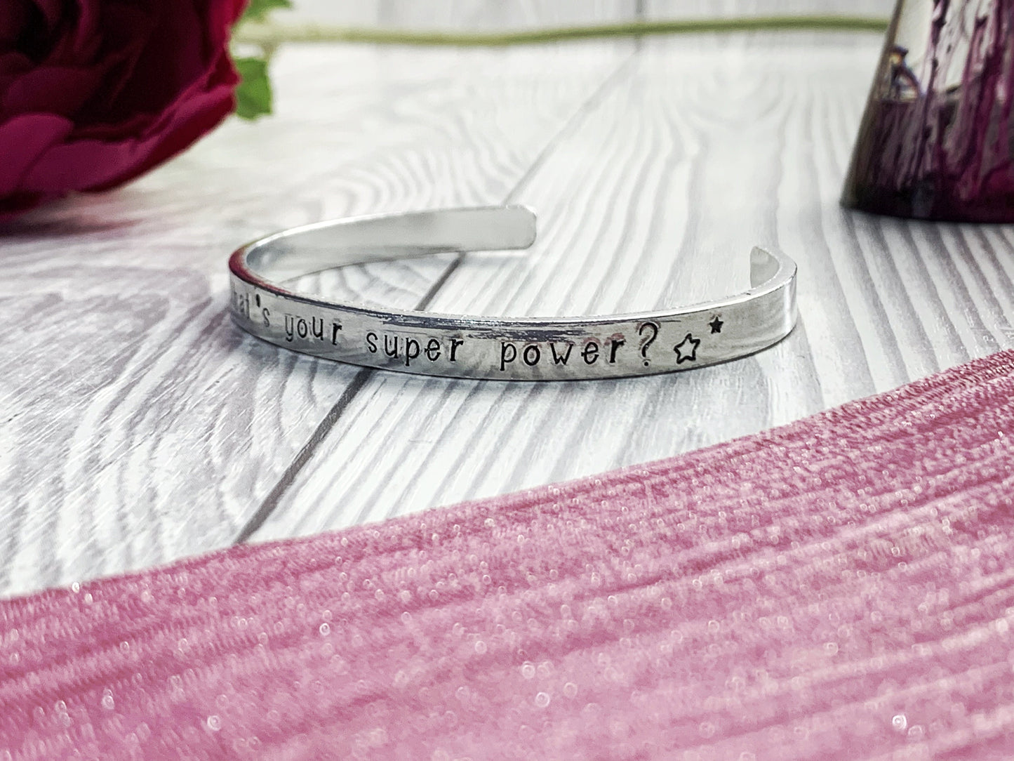 Teacher gift cuff, bangle, I teach what's your super power, personalised, hand stamped