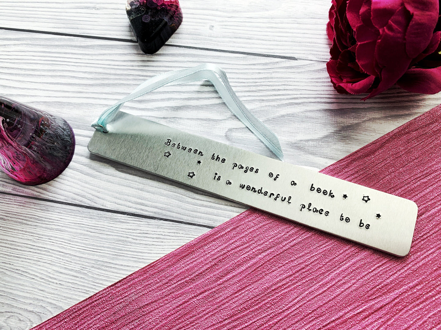 Hand stamped bookmark, between the pages of a book, personalised book mark, book lovers gift, between the pages of a book, graduation gift