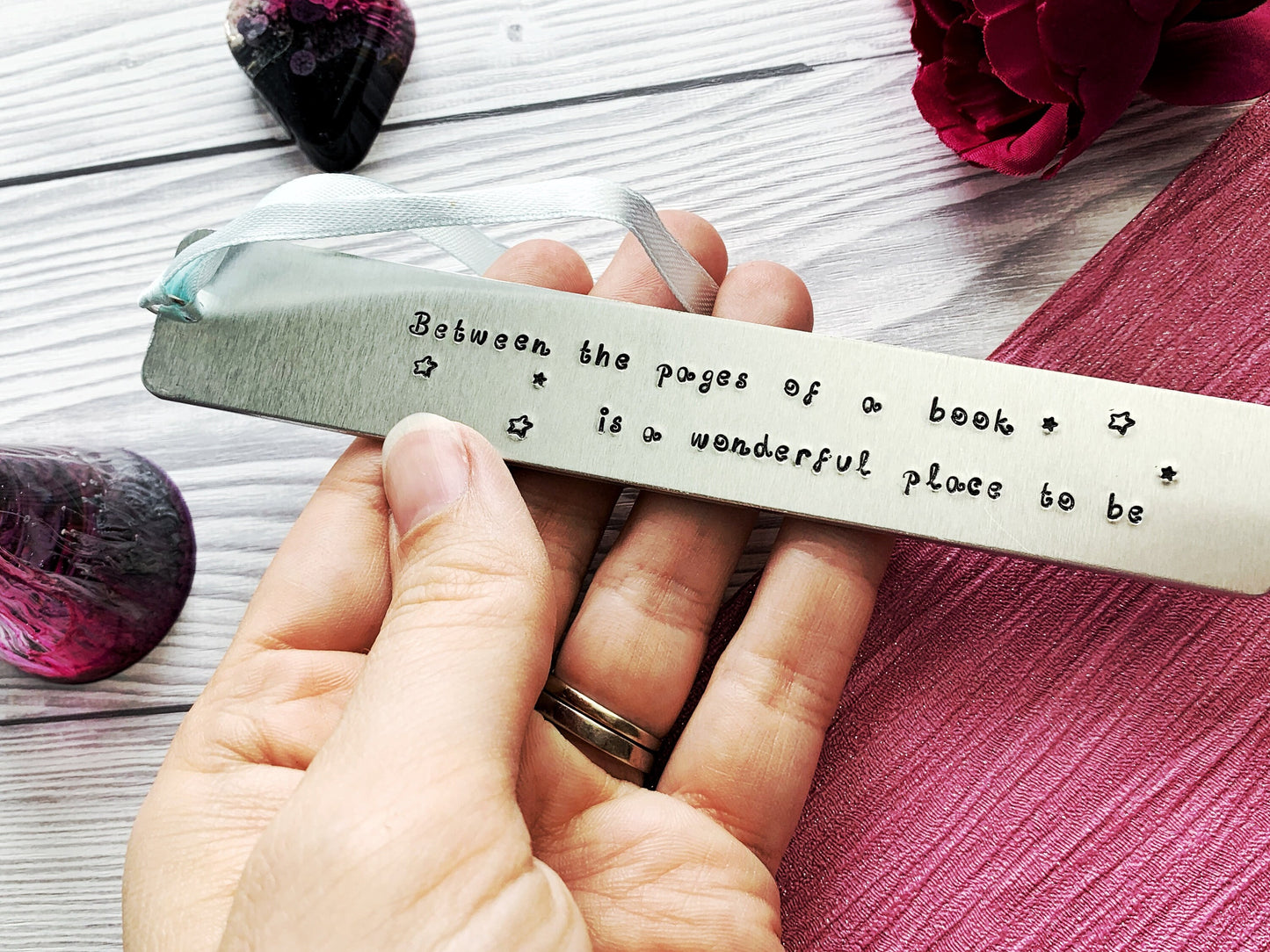 Hand stamped bookmark, between the pages of a book, personalised book mark, book lovers gift, between the pages of a book, graduation gift