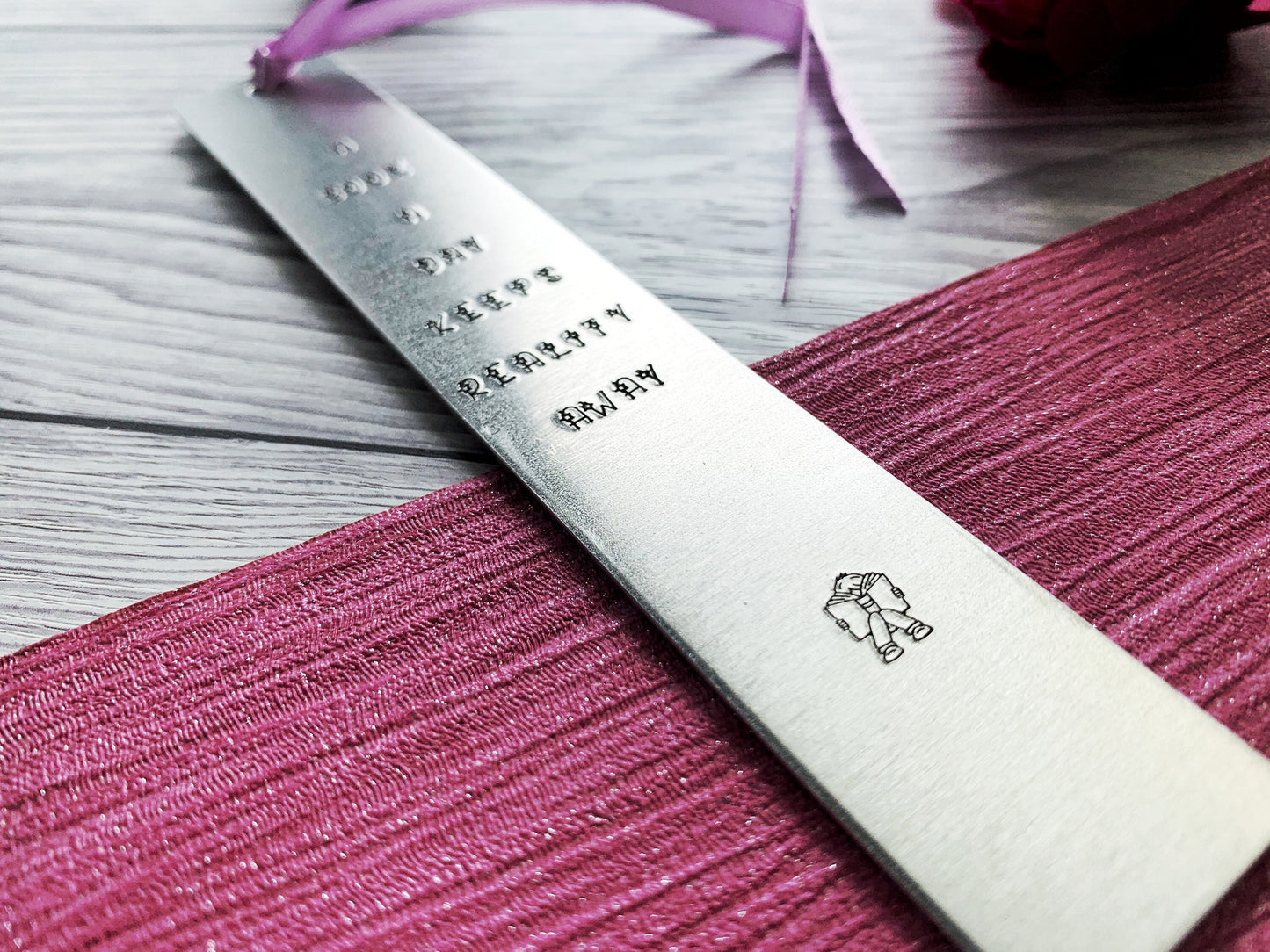 Hand stamped bookmark, a book a day keeps reality away, personalised book mark, book lovers gift, graduation gift