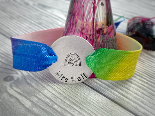 Rainbow teacher bracelet, name bracelet, bracelet for everyone, pride bracelet, wristlet, elasticated ribbon, hand stamped