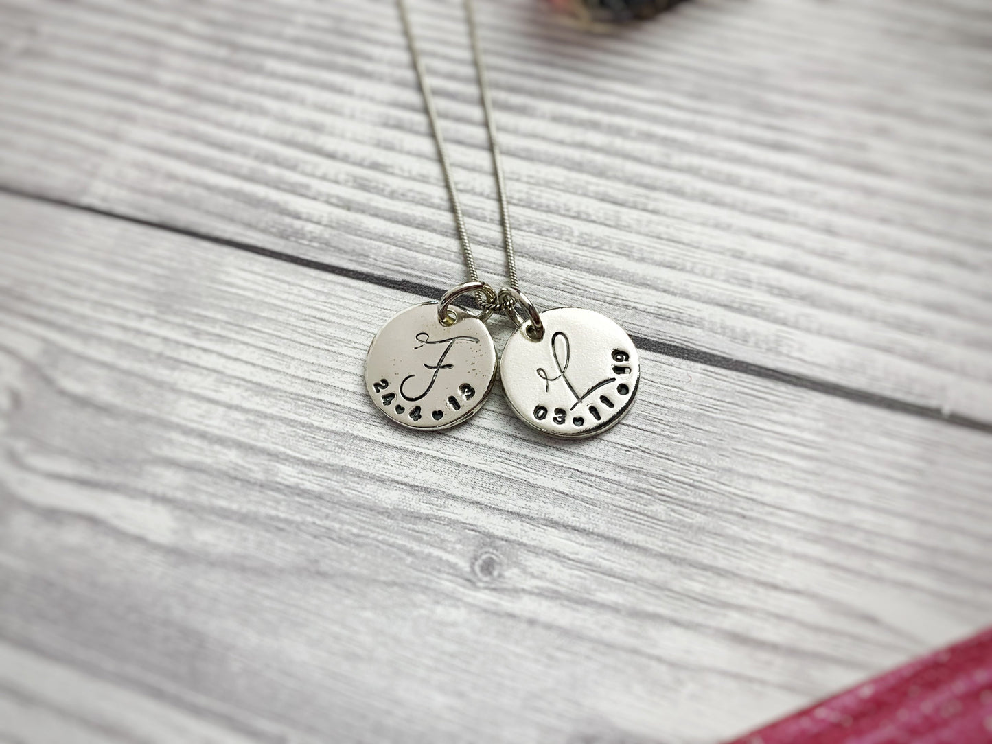 Initial pendant, birth date, children's details, hand stamped necklace, sterling silver jewellery, name jewellery, initial gift