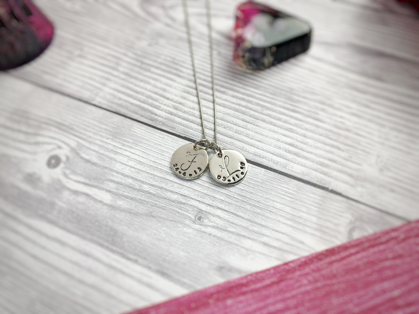 Initial pendant, birth date, children's details, hand stamped necklace, sterling silver jewellery, name jewellery, initial gift