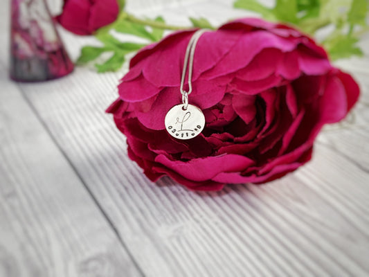 Initial pendant, birth date, children's details, hand stamped necklace, sterling silver jewellery, name jewellery, initial gift