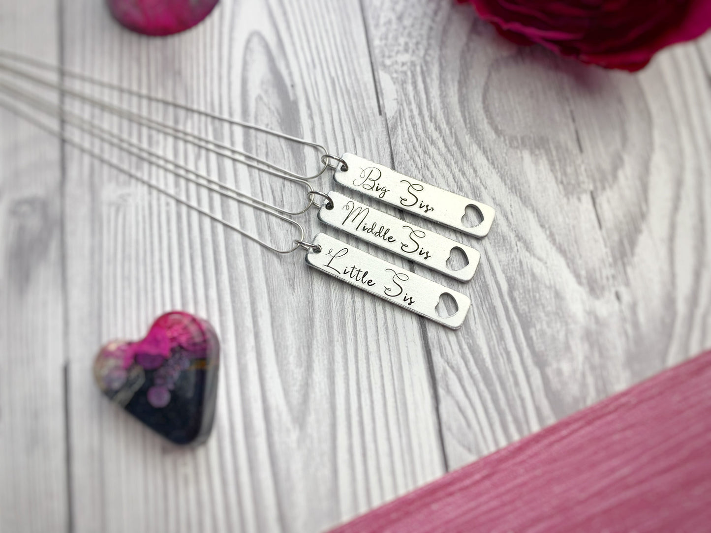 Three sister necklaces, big middle little sis, sibling gift, hand stamped, personalised necklace