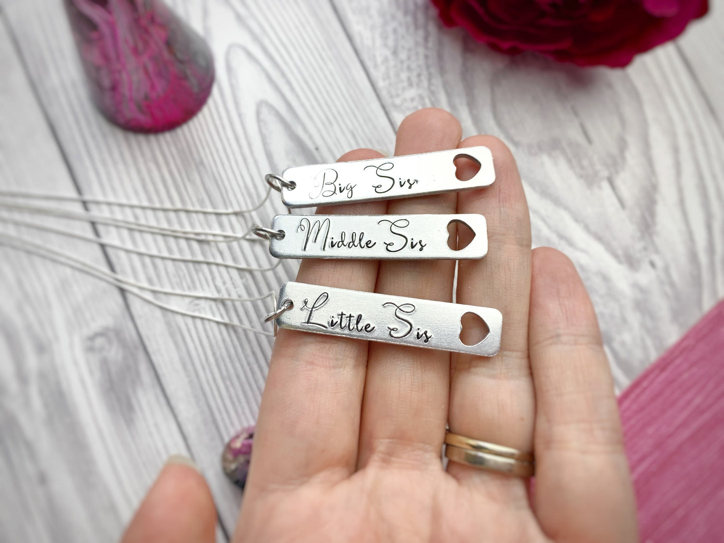 Three sister necklaces, big middle little sis, sibling gift, hand stamped, personalised necklace